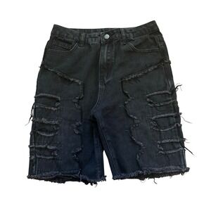 Mens Distressed Black Denim Shorts Frayed Streetwear Grunge Skater Jorts Size 28